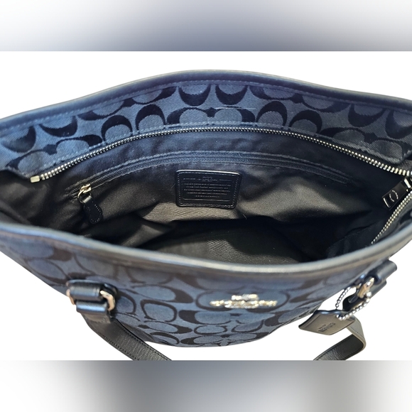 Coach Top Zip Black Signature Monogram Tote with Leather Trim, Horse & Carriage - Picture 5 of 14